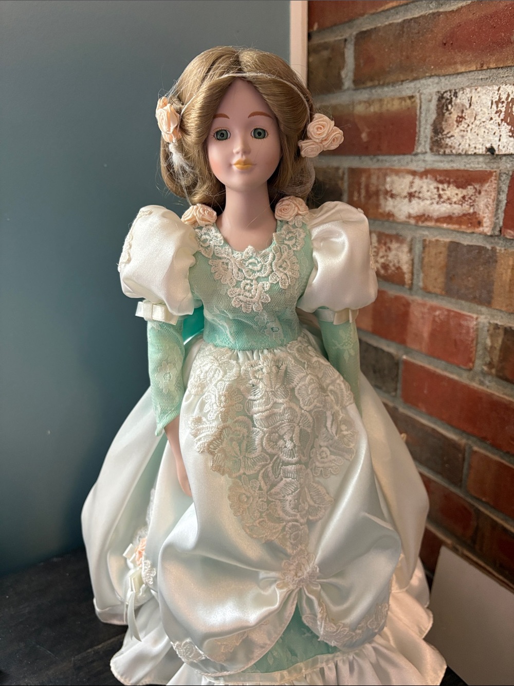 Porcelain House of Lloyd Angelica Fashion Doll in Mint Green & White Lace Dress